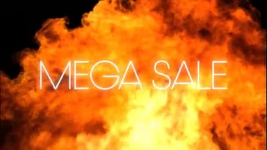 Siyah arka planda alevler üzerinde beyaz metinlerde mega satışın animasyonu. dijital arayüz, çevrimiçi alışveriş ve perakende konsepti dijital olarak oluşturulmuş video.