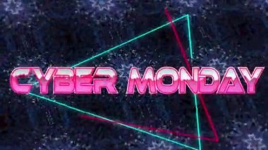 Kaleydoskopik hareketli şekiller üzerine siber pazartesi metninin animasyonu. Video oyunu, eğlence ve dijital arayüz kavramı dijital olarak oluşturuldu.