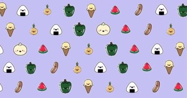 Mor arka planda yüzen çeşitli yiyeceklerin animasyonu. Mutfak, yemek hazırlama ve dijital olarak üretilen bir video..