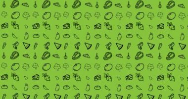 Yeşil arka planda hareket eden sebzelerin animasyonu. Mutfak, yemek ve yemek konsepti dijital olarak üretilmiş animasyon.