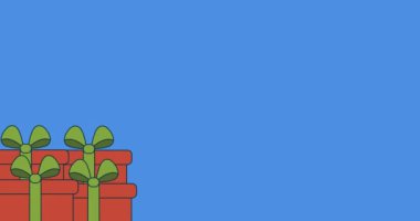 Mavi arka planda yılbaşı hediyelerinin canlandırılması. Noel, kış, gelenek ve kutlama konsepti dijital olarak oluşturulmuş video.