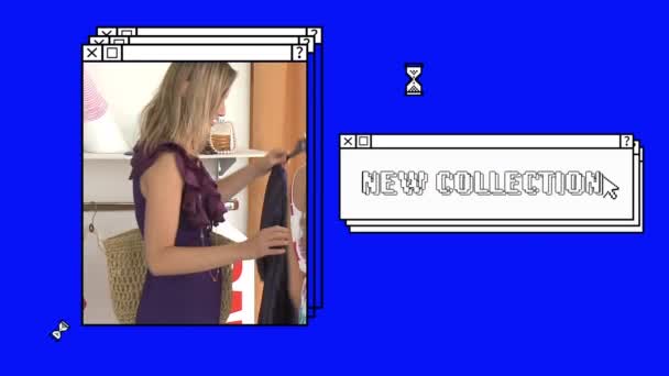 Yeni Koleksiyon Metninin Üst Üste Dizilmiş Pencerede Kadınların Mağazada Kıyafetlere — Stok video