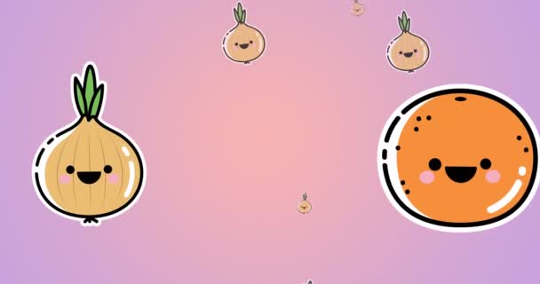 Animace Kreslené Cibule Pomeranče Plovoucí Růžovém Pozadí Kuchyně Příprava Jídla — Stock video