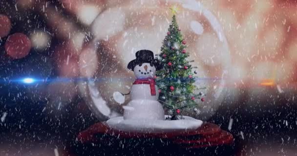 Анимация Снегопада Над Снежным Шаром Снеговиком Рождественской Елкой Рождество Зима — стоковое видео