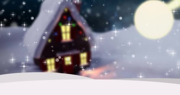 Animación Los Saludos Navideños Sobre Casa Paisaje Invernal Navidad Invierno — Vídeos de Stock