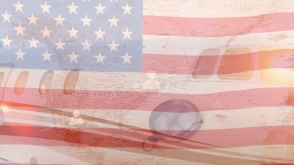 Animation Viftande Usa Flagga Över Flygplatsen Och Karta Transport Och — Stockvideo