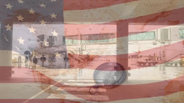 在机场和地图上挥动美国国旗的动画 运输和旅行概念数字生成的视频 — 图库视频影像