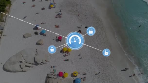 Plaj Manzarası Üzerindeki Simgelerle Bağlantı Ağının Animasyonu Küresel Sosyal Medya — Stok video