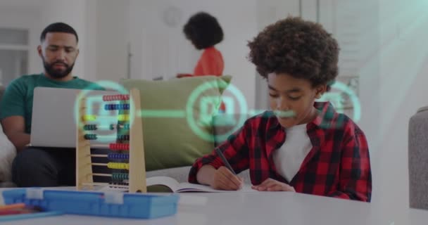 Animação Rede Conexões Com Ícones Sobre Homem Usando Laptop Comunicação — Vídeo de Stock