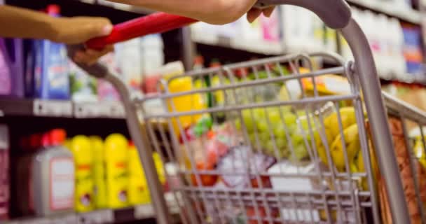 Hände Kaukasischer Frauen Halten Einkaufswagen Auf Dem Lebensmittelmarkt Einkaufs Handels — Stockvideo