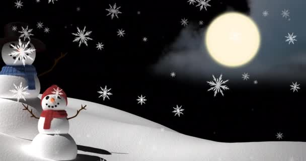 Animace Sněhu Padajícího Dva Usmívající Sněhuláky Zimní Krajině Vánoční Zimní — Stock video