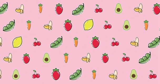 Κινούμενα Σχέδια Των Διαφόρων Τροφίμων Κινουμένων Σχεδίων Επιπλέουν Ροζ Φόντο — Αρχείο Βίντεο