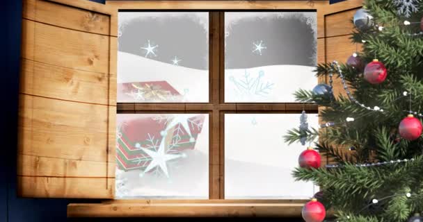 从窗户看冬季风景的动画 圣诞节 传统和庆祝概念数字制作的视频 — 图库视频影像