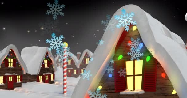 冬の風景の中で家の上に降る雪のアニメーション クリスマス 伝統とお祝いのコンセプトデジタルで生成されたビデオ — ストック動画