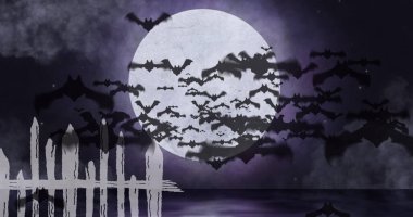 Ayın üzerinde uçan yarasaların resmi ve gökyüzü arka planı. Cadılar bayramı, gelenek ve kutlama konsepti dijital olarak oluşturuldu.