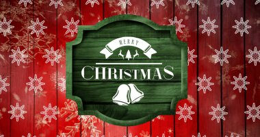 Tahta tabelanın üzerine düşen kar taneleri ve mutlu noel mesajları. Noel, gelenek ve kutlama konsepti dijital olarak oluşturuldu.