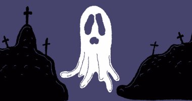 Mor arkaplanda hayalet resmi var. Cadılar bayramı, gelenek ve kutlama konsepti dijital olarak oluşturuldu.