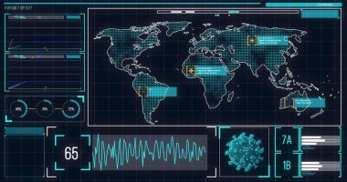 Veri işleme, sayı kaydı, makro koronavirüs Covid-19 hücresinin analiz edildiği dünya haritasının görüntüsü ekranda. Küresel tıp Coronavirüs Covid 19 salgın konsepti dijital olarak oluşturulmuş görüntü.