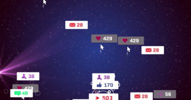 Sosyal medya simgeleri ve gece gökyüzündeki yıldızların üzerindeki beyaz afişler üzerindeki numaralar. küresel sosyal medya ağı, dijital arayüz ve dijital olarak üretilen vide konsepti