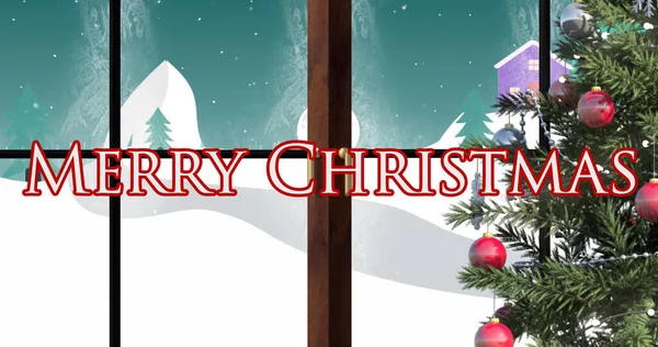 Εικόνα Από Χαρούμενο Χριστουγεννιάτικο Κείμενο Κατά Διάρκεια Του Χειμερινού Τοπίου — Φωτογραφία Αρχείου