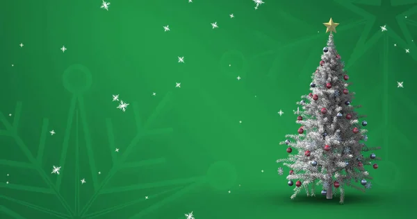 Bild Fallender Schneeflocken Über Dem Weihnachtsbaum Weihnachten Tradition Und Festkonzept — Stockfoto