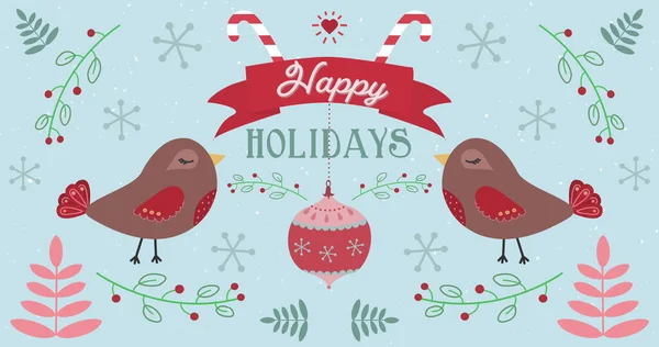快乐假期 这个词的图像是用红字 蓝字和白字写成的 背景为圣诞图案 鸟儿在飞翔 圣诞节庆祝和节日概念数字生成的图像 — 图库照片