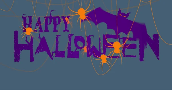 Imagen Feliz Texto Halloween Sobre Arañas Murciélagos Halloween Tradición Concepto — Foto de Stock