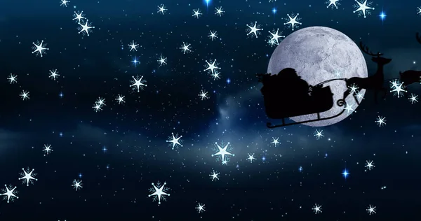 Image Santa Claus Sleigh Reindeer Christmas Snow Falling Moon Sky — Stock Photo, Image