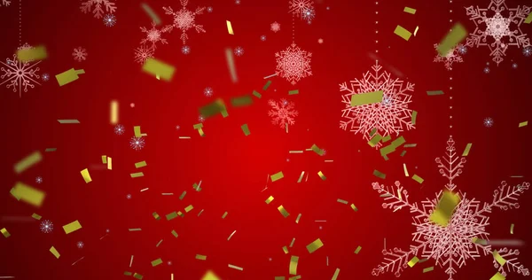 Afbeelding Van Vallende Sneeuwvlokken Confetti Rode Achtergrond Kerstmis Traditie Viering — Stockfoto