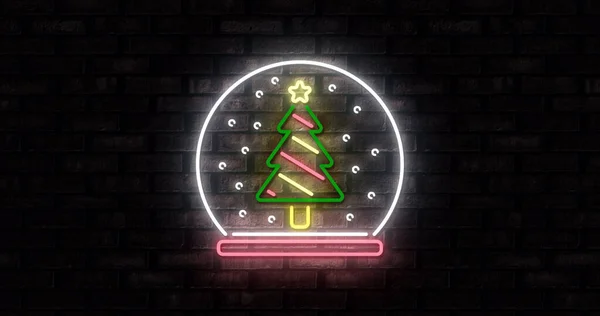 Bild Von Neon Weihnachtsbaum Schneekugel Auf Schwarzem Hintergrund Weihnachten Winter — Stockfoto