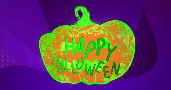 Feliz Texto Halloween Sobre Abóbora Halloween Contra Ondas Digitais Texturizadas — Fotografia de Stock