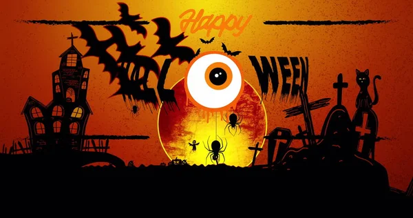 Εικόνα Του Happy Halloween Νυχτερίδες Νεκροταφείο Και Μάτι Πορτοκαλί Φόντο — Φωτογραφία Αρχείου