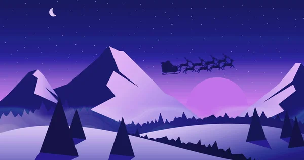 雪の山の風景の上を飛んでいるサンタ句そりやトナカイのシルエット クリスマスと休日のコンセプト — ストック写真