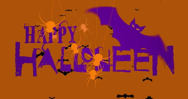 Afbeelding Van Vrolijke Halloween Tekst Vleermuizen Spinnen Halloween Traditie Viering — Stockfoto