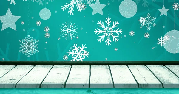 Imagen Caída Copos Nieve Estrellas Suelo Madera Azul Fondo Navidad —  Fotos de Stock