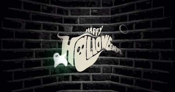 Bild Von Fröhlichen Halloween Text Auf Backstein Hintergrund Halloween Herbst — Stockfoto