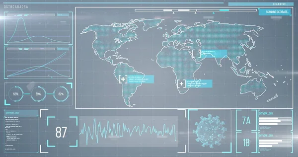 Image of the world map on screen with data processing, numbers recording, macro coronavirus Covid-19 cell analyzed. Global medicine coronavirus Covid 19 pandemic concept digitally generated image.