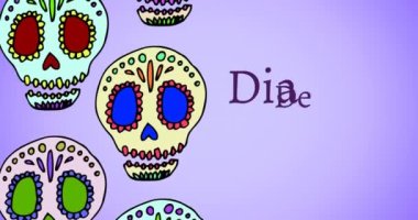 Mor arka plandaki dekoratif kafatasları üzerinde dia de los muertos animasyonu. Ölü bayramın Latince günü, gelenekler ve gümrük dijital olarak oluşturulan video.