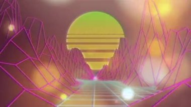 Dijital manzaranın ve ızgaranın üzerindeki güneşin animasyonu. Video oyunu, eğlence ve dijital arayüz kavramı dijital olarak oluşturuldu.