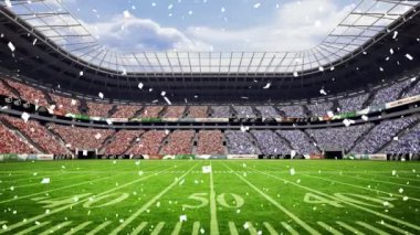 Spor stadyumunun üzerine düşen konfeti animasyonu. spor, kutlama ve yarışma konsepti dijital olarak oluşturulmuş video.