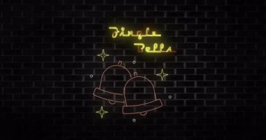 Neon cıngılların animasyonu siyah arkaplanda çanlar ve mesajlar. Noel, kış, gelenek ve kutlama konsepti dijital olarak oluşturulmuş video.