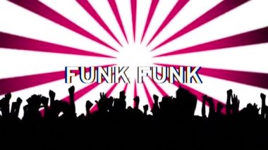 Pembe arka planda kalabalığın siluetinin tezahüratı üzerine beyaz metinde funk animasyonu. dijital arayüz ve sosyal medya mesajlaşma kavramı dijital olarak oluşturulmuş video.