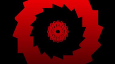 Siyah arkaplan üzerinde kaleydoskopik kırmızı şekillerin canlandırılması. Video oyunu, eğlence ve dijital arayüz kavramı dijital olarak oluşturuldu.