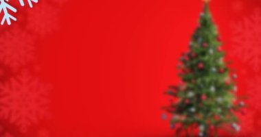 Kırmızı arka planda, Noel ağacının üzerine düşen kar animasyonu. Noel, gelenek ve kutlama konsepti dijital olarak oluşturuldu.