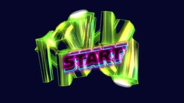 Başlangıç metninin 3D parlayan şekiller üzerinde canlandırması. Video oyunu, eğlence ve dijital arayüz kavramı dijital olarak oluşturuldu.