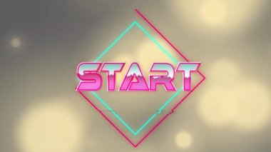 Geometrik hareketli şekiller ve ışık noktalarının üzerindeki metnin canlandırması. Video oyunu, eğlence ve dijital arayüz kavramı dijital olarak oluşturuldu.