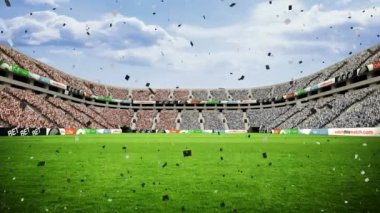 Spor stadyumunun üzerine düşen konfeti animasyonu. spor, kutlama ve yarışma konsepti dijital olarak oluşturulmuş video.
