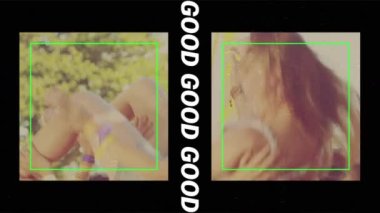 Mutlu festival kalabalığının üzerinde pembe haçlar olan beyaz metindeki iyi titreşimlerin animasyonu. dijital arayüz ve sosyal medya mesajlaşma kavramı dijital olarak oluşturulmuş video.