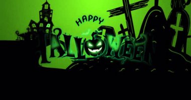 Yeşil arka planda mutlu cadılar bayramı, balkabakları, mezarlık ve dolunay animasyonu. Korku, korku, cadılar bayramı geleneği ve dijital olarak üretilen video konsepti.