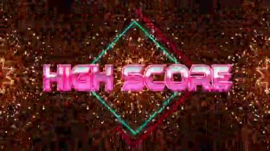 Kaleydoskopik hareketler üzerine yüksek skorlu metin animasyonu. Video oyunu, eğlence ve dijital arayüz kavramı dijital olarak oluşturuldu.